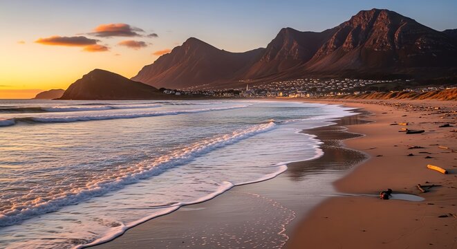 Beach coastline with mountains at sunset