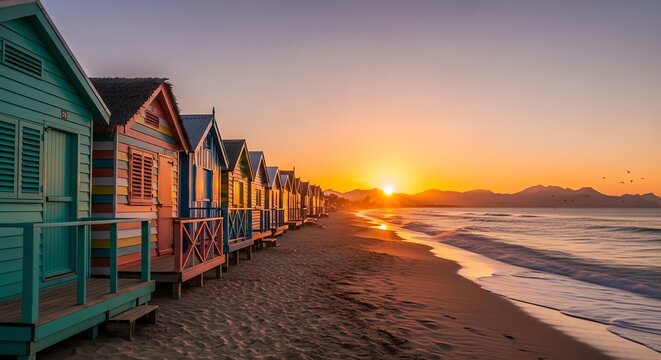 Beach huts at sunset with ocean view - Powered by Adobe