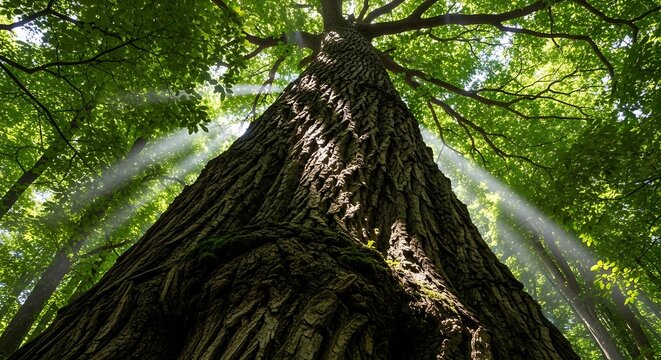 Illustration of sunlight streaming through the canopy of a tall tree in a lush forest