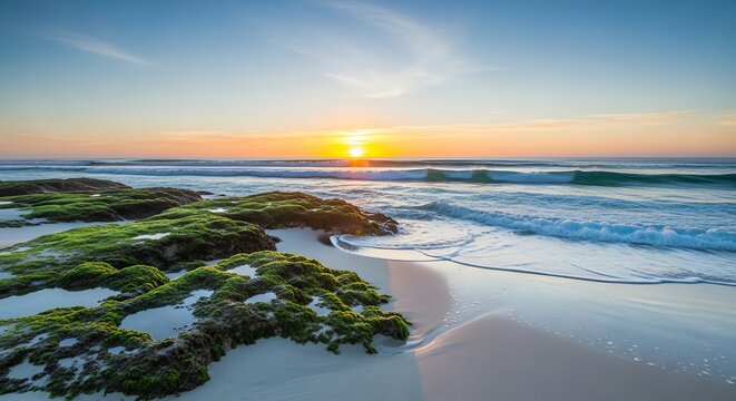 Beach sunset with waves and mossy rocks