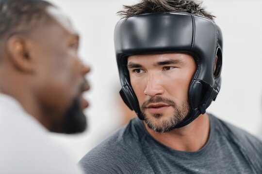 Male Boxer Wearing Headgear Listening To Coach During Training. Closeup Focus, Professional Sports Concept, Indoor Boxing Gym Preparation For Competition