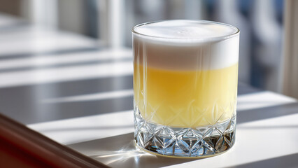 Fictional glass of Japanese Yuzu Whiskey Sour made of yuzu juice, lemon juice, and an egg white. Concept of traditional Japanese cocktails. 