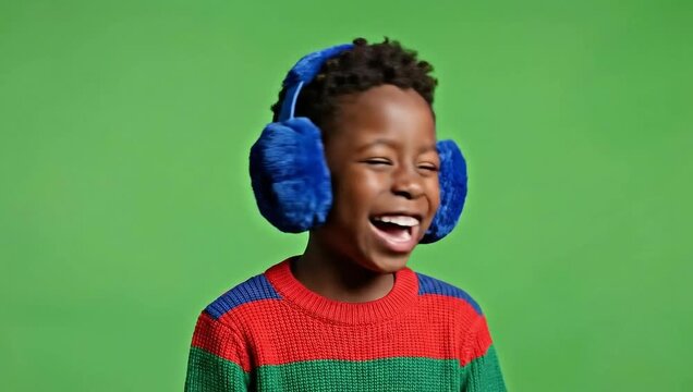 Happy African American boy wearing blue earmuffs and a colorful sweater, laughing joyfully against a green background.