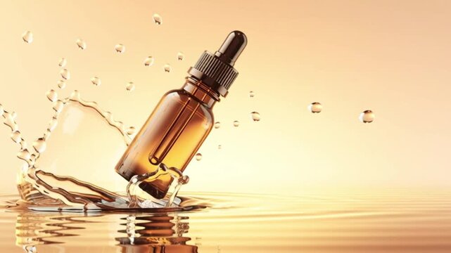 Cosmetic serum dropper bottle splashing into golden liquid surface creating radiant ripples in luxurious skincare scene, detailed beauty product concept showing hydration glow essence  slow motion foo