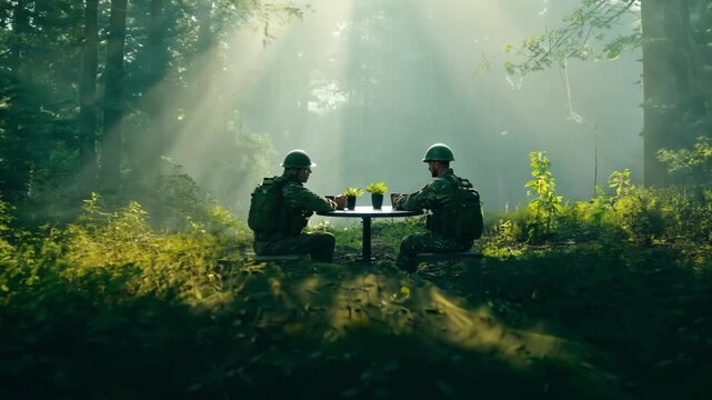 Two soldiers sit in a sunlit forest clearing, gradually leaning forward as they exchange small items on a makeshift table while warm rays shift across the background foliage.