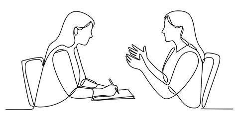 Continuous line drawing of two women, one writing notes while the other gestures and speaks, representing a consultation, interview, or discussion.