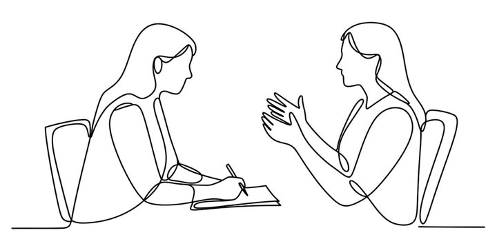 Continuous line drawing of two women, one writing notes while the other gestures and speaks, representing a consultation, interview, or discussion.