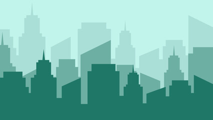 Fototapeta premium A flat design vector illustration of a modern cityscape silhouette with layered buildings, an abstract urban background in green tones