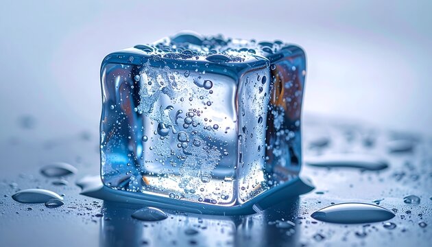 Close-up of a Melting Ice Cube with Water Droplets.
