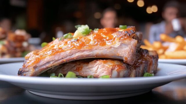 Delicious Ribs on a Plate: a close-up shot captures the savory appeal of perfectly grilled ribs, expertly plated with vibrant garnish. Capturing culinary artistry.