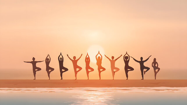 Silhouettes of diverse women practicing yoga at sunset on the beach, creating a serene and uplifting atmosphere. - Powered by Adobe