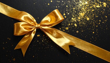 Elegant Gold Ribbon on Black Background with Glitter Accents.