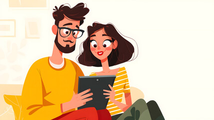 A smiling couple enjoys a cozy moment together while looking at a tablet, seated comfortably in a warm, inviting living space.