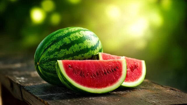Freshly cut watermelon resting on a wooden table with bright sunlight filtering through greenery