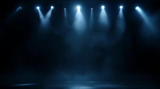 Dark Stage With Blue Spotlights and Smoke Effect Illuminated By Row Of Stage Lights