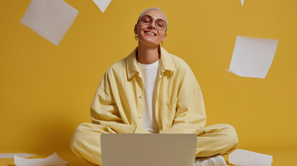 Joyful professional enjoys productive remote working session surrounded by vibrant workspace ambiance.