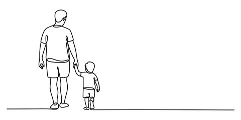 Continuous line art drawing of a father and son holding hands, walking together, symbolizing family bond, guidance, and companionship.