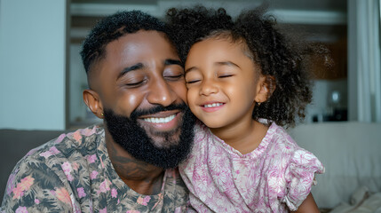 A joyful Black father and his smiling mixed-race daughter share a tender moment at home, radiating love and happiness.