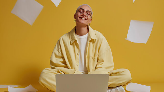 Joyful professional enjoys productive remote working session surrounded by vibrant workspace ambiance.