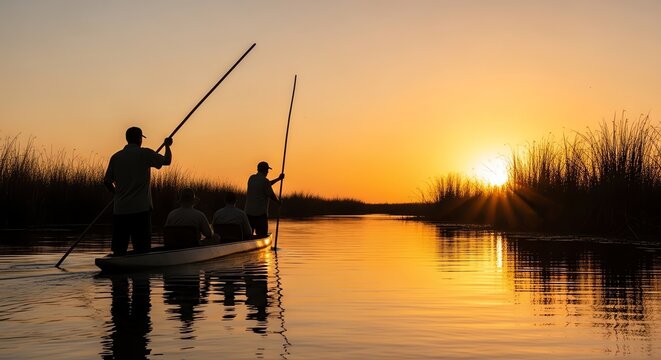 Canoe on waterway at sunset