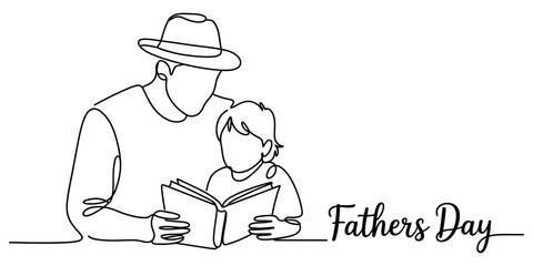 Continuous single line drawing of a father and child reading a book together, celebrating father's day, symbolizing love and parental bond.