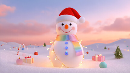 Adorable snowman with top hat and scarf, glowing in soft golden winter light, placed on shimmering snow with dreamy bokeh lights in the background, cozy and magical holiday atmosphere, cinematic compo