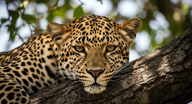 Leopard resting on tree branch in wildlife habitat - Powered by Adobe