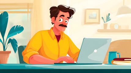 A young Hispanic man working on a laptop at a cozy home office with plants around.