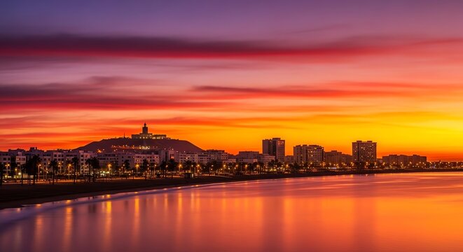 Coastal city skyline at vibrant sunset - Powered by Adobe