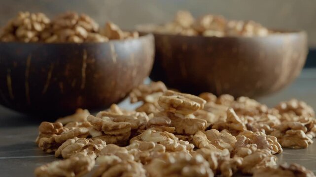 Discover the nutritional benefits of walnut kernels as they are displayed in rustic wooden bowls. A focus on healthy fats makes them a perfect snack choice.