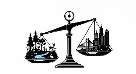 Scales of justice balancing nature and urban development, representing environmental choices.