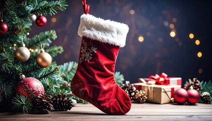 Red stocking with fir-tree branches and christmas decorations on wooden table