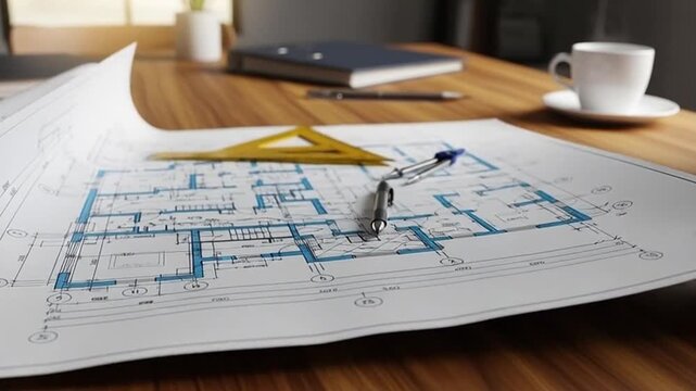 Blueprint lies on wooden desk with architectural tools and coffee cup in bright office, showcasing precision and planning for building project.