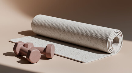 Rolled yoga mat positioned beside small dumbbells creates minimalist fitness composition.