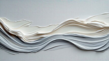 A textured abstract background features flowing, layered waves of cream and grey paint, creating a sense of movement and depth.