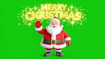 Santa claus waving with merry christmas text effect on green background for holiday celebration
