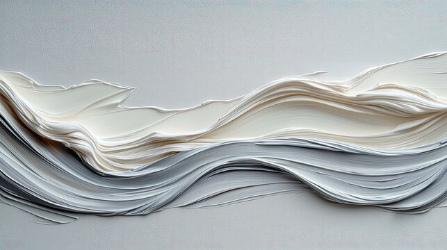 A textured abstract background features flowing, layered waves of cream and grey paint, creating a sense of movement and depth.