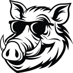 A stylized boar head wears sunglasses with tusks prominently displayed in a fierce expression
