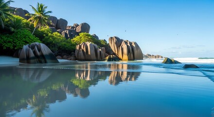 Seychelles beach with granite boulders and palm tree