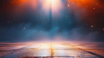 Dramatic Stage Lighting With Orange Haze And Floating Particles Over A Metal Floor With Reflections