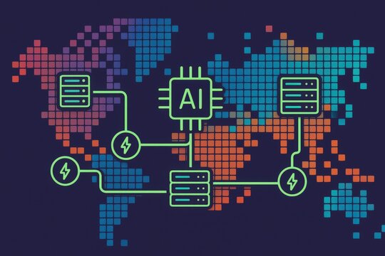 Global digital connectivity illustrated with vibrant AI network mapping across continents showing interlinked data servers and circuits as a metaphor for technological integration