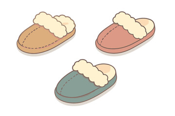 Collection of three plush indoor slippers with soft faux fur trim and stitching details