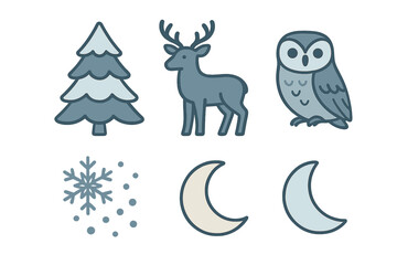 Stylized winter nature symbols including pine tree, deer, owl, snowflake, and crescent moon