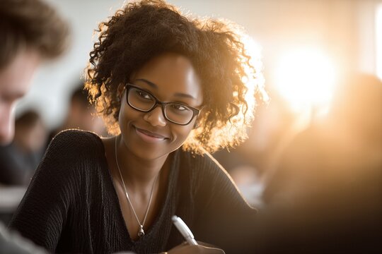 Smiling African Amierican Female Student with Glasses Taking Notes in a Sunlit Classroom - Powered by Adobe