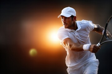 Professional Male Tennis Player In White Uniform Mid Swing At Sunset. Intense Action, Dynamic Sports Concept. Athlete, Energy, Performance, Competition Visual
