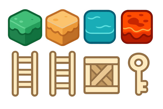 Essential 2D platformer game elements: textured blocks, climbing ladders, storage box, and classic key