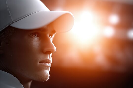 Close-Up Of Young Male Tennis Player Wearing White Cap With Stadium Lights. Intensity, Focus, Anticipation Visual