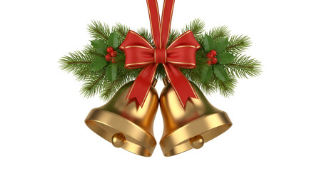 Two shiny golden christmas bells tied with a large red satin ribbon bow and green pine branches isolated on a white background