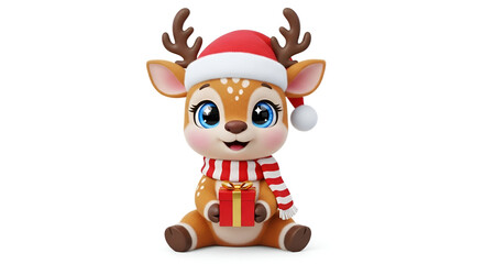 Adorable 3d rendered baby reindeer character wearing a striped scarf and hat sitting and smiling isolated on a white background