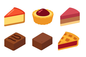 Six isometric dessert slices and baked goods including pie, cake, and cheesecake
